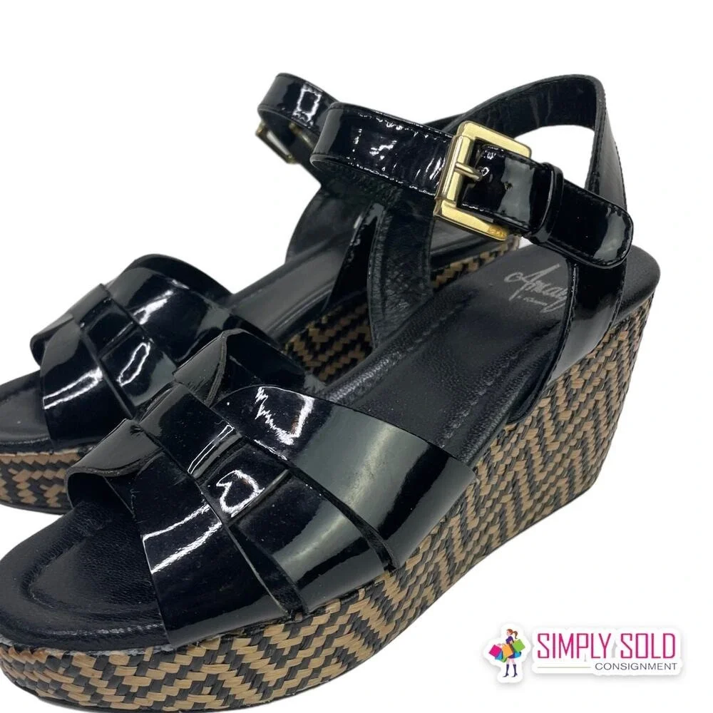 Amalfi By Rangoni Monna Vernice Sandals Womens 6M Black Brown Wedge‎ Shoes
